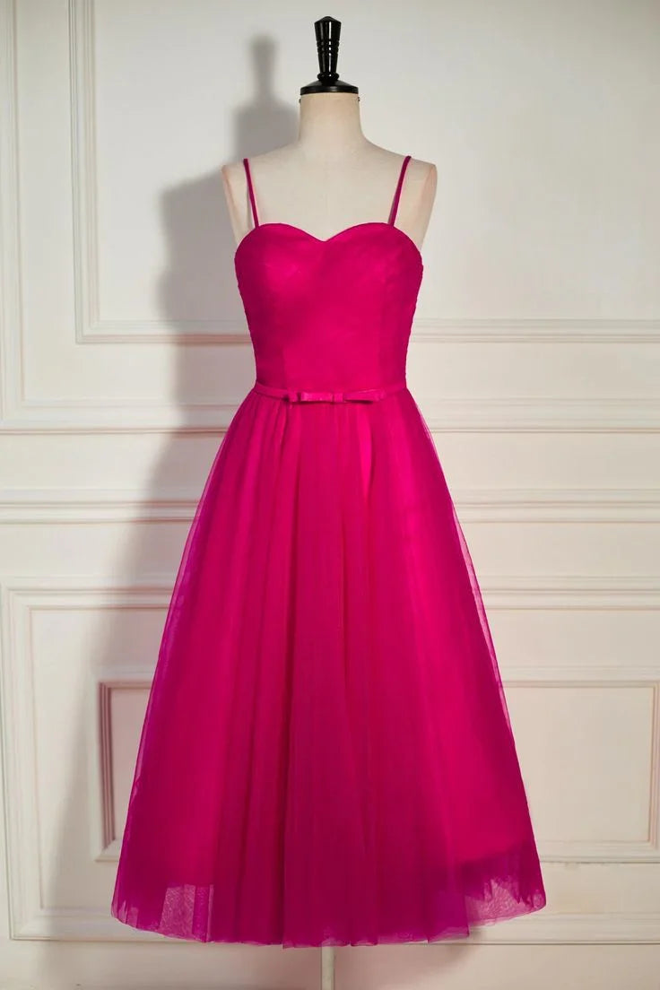 A-line Tulle Tea-Length Spaghetti Straps Prom Dress