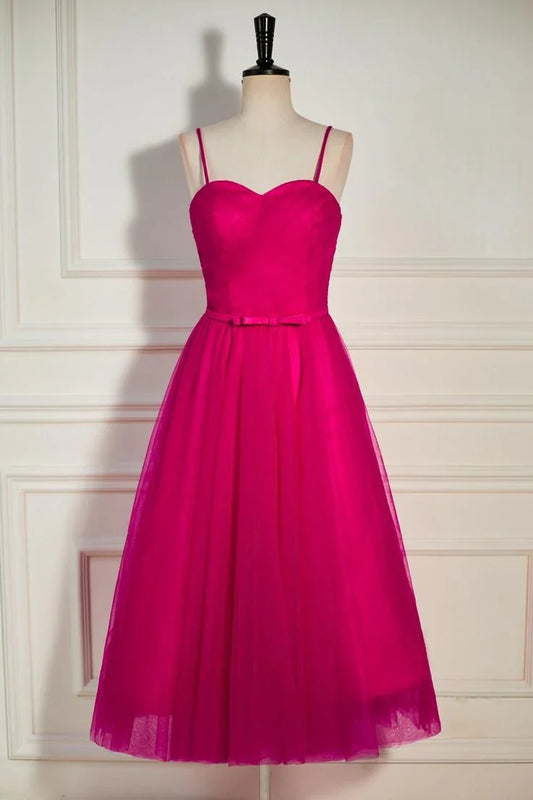 A-line Tulle Tea-Length Spaghetti Straps Prom Dress