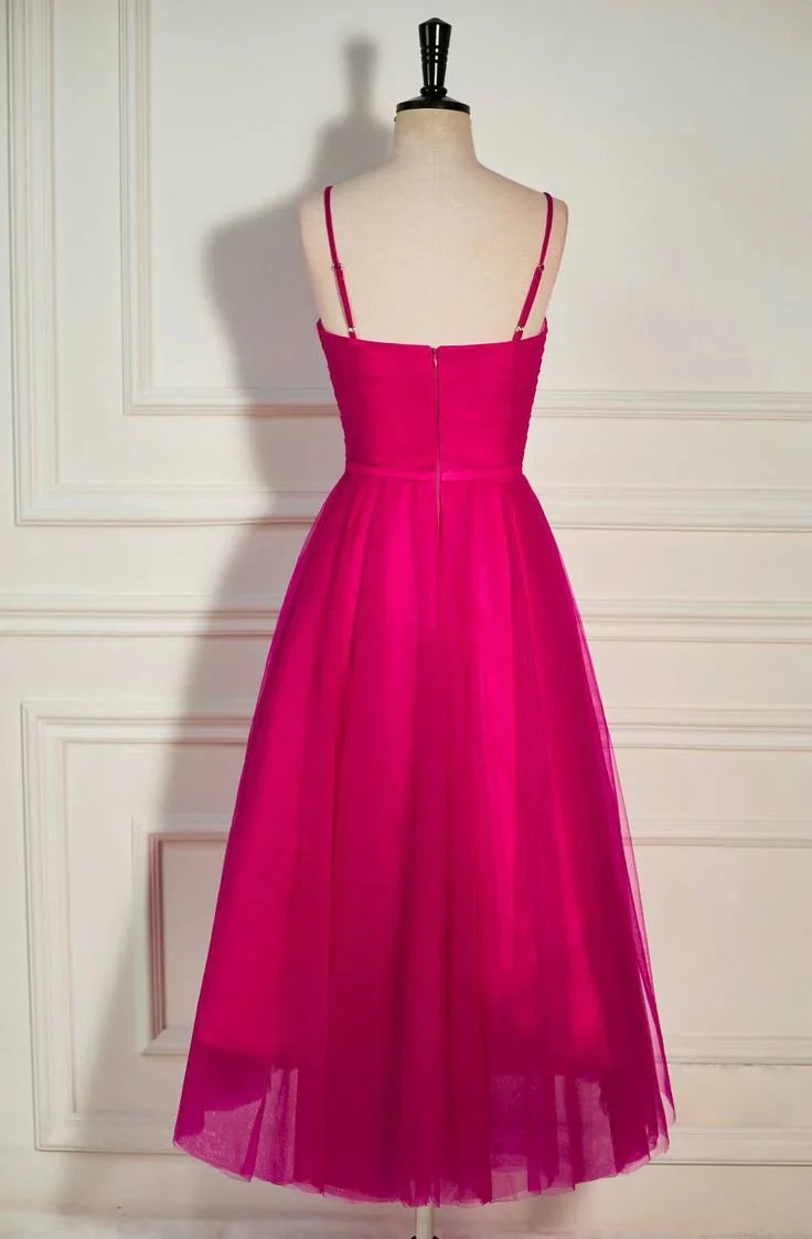 A-line Tulle Tea-Length Spaghetti Straps Prom Dress
