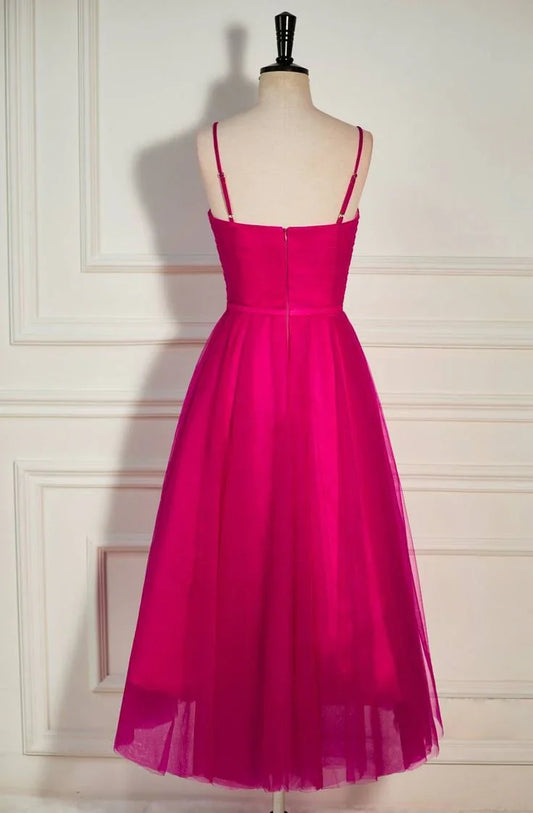 A-line Tulle Tea-Length Spaghetti Straps Prom Dress
