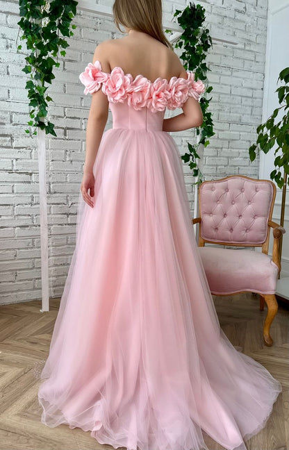 Floral Tulle Off The Shoulder Evening Prom Dress With Slit