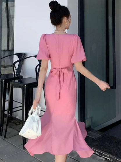 A-line Classy Puff Sleeves Mid-length Prom Dress