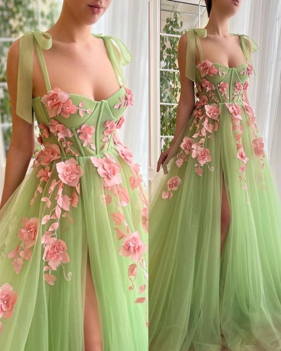 A-Line Sweetheart Appliqued Tulle Prom Gown With Slit