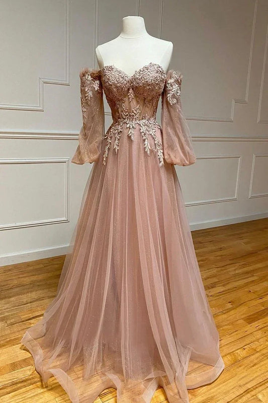 A-Line Tulle Lace Off the Shoulder Lace Formal Prom Dresses