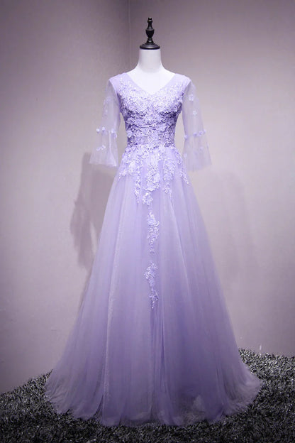 A-line Tulle Flower Lace Short Sleeves Long Formal Dress