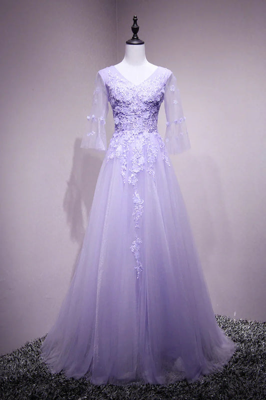 A-line Tulle Flower Lace Short Sleeves Long Formal Dress