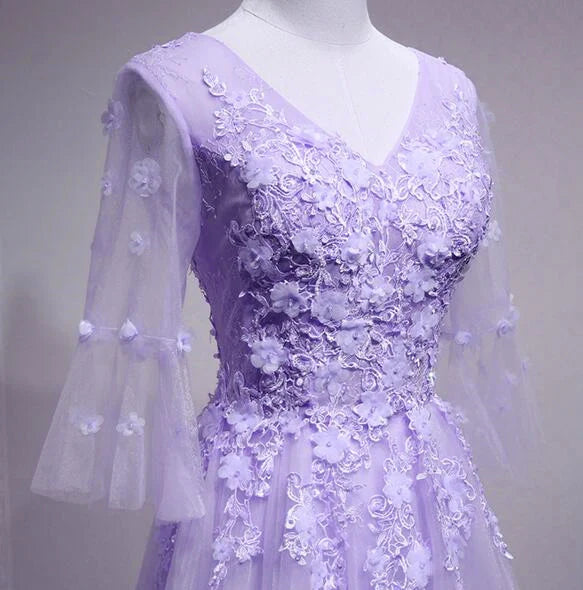 A-line Tulle Flower Lace Short Sleeves Long Formal Dress