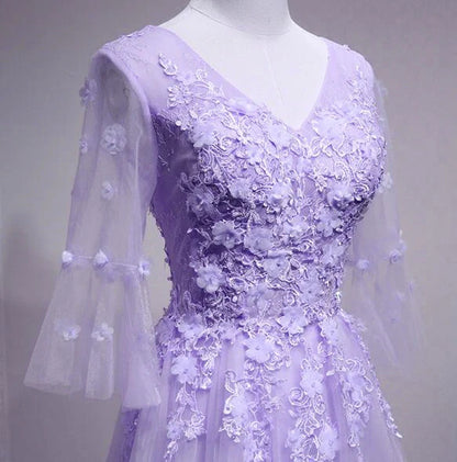 A-line Tulle Flower Lace Short Sleeves Long Formal Dress