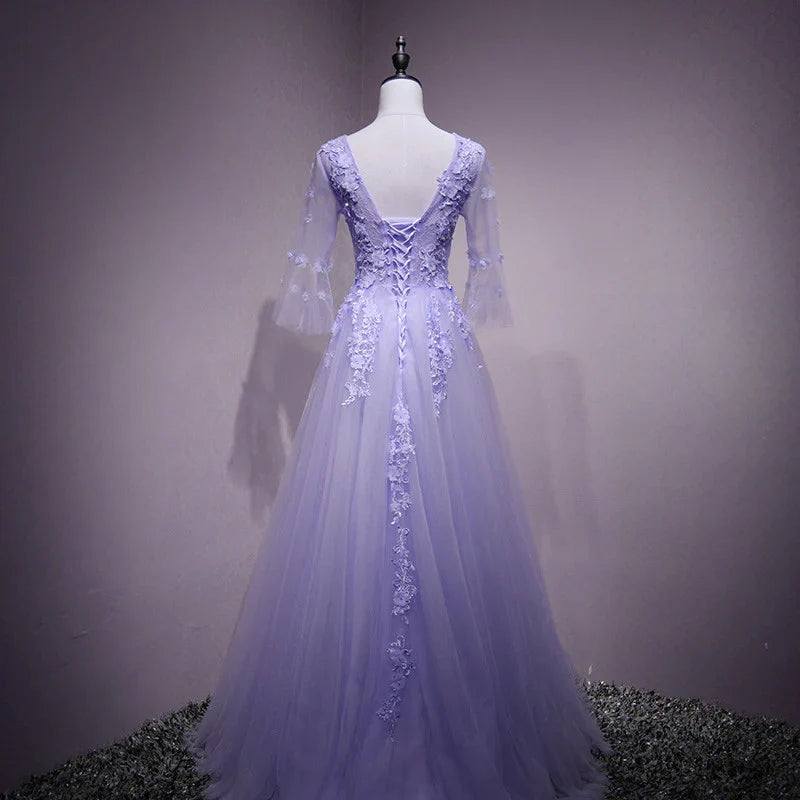 A-line Tulle Flower Lace Short Sleeves Long Formal Dress
