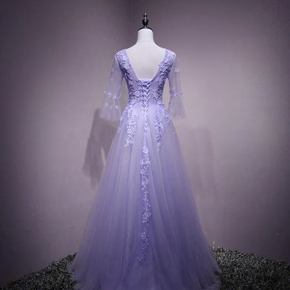 A-line Tulle Flower Lace Short Sleeves Long Formal Dress