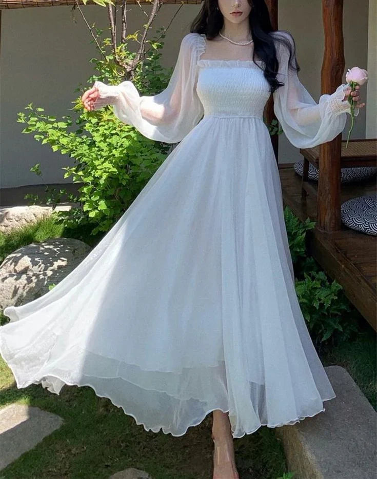 A-line Square Neck Tulle Long Sleevs Prom Party Dress