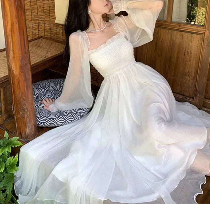 A-line Square Neck Tulle Long Sleevs Prom Party Dress