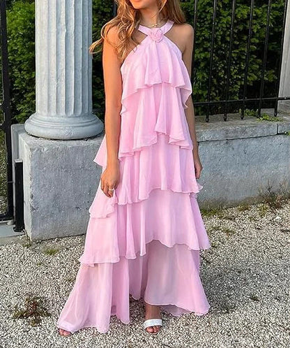 Halter A-line Tiered Backless Floor Length Prom Dress