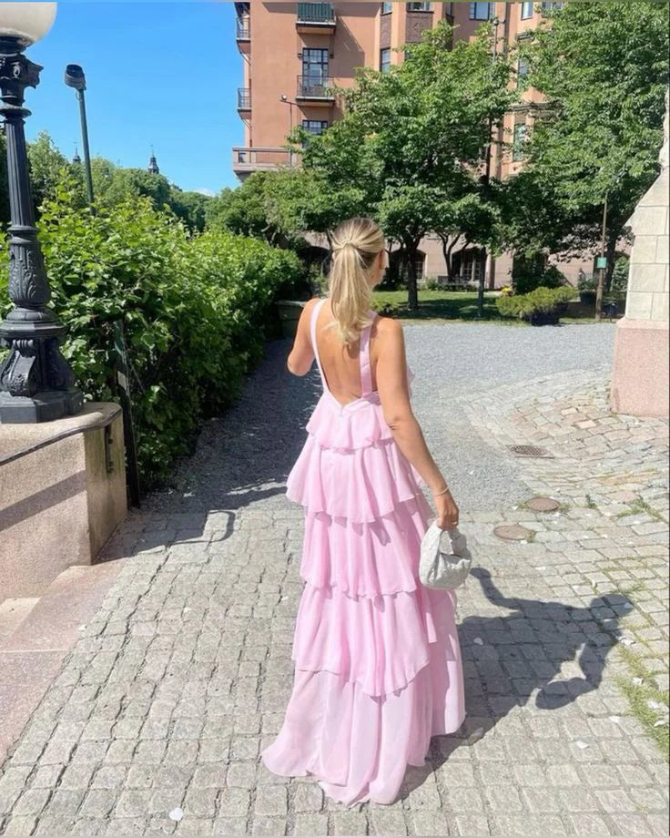 Halter A-line Tiered Backless Floor Length Prom Dress
