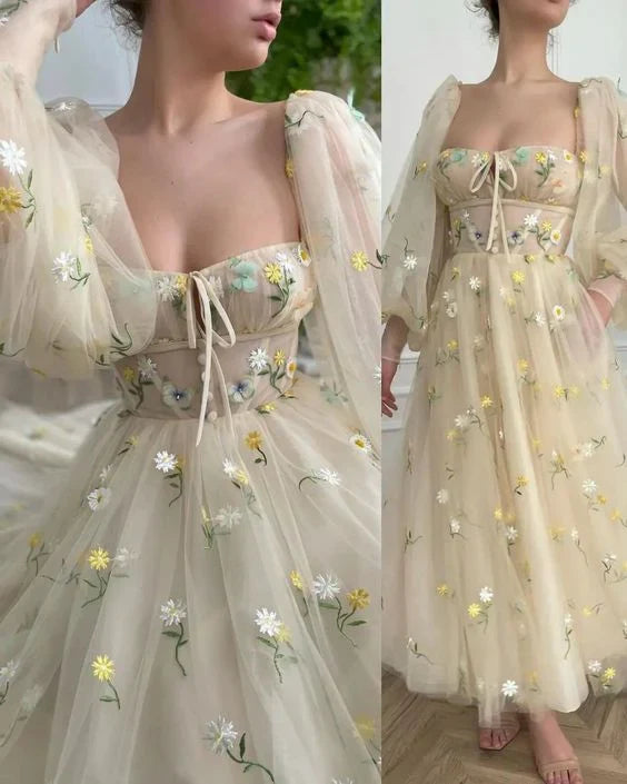 Square Neck A-Line Tulle Long Sleeves Tea Length Prom Dress