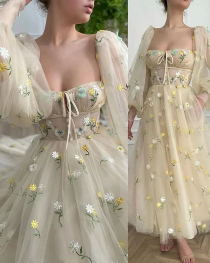 Square Neck A-Line Tulle Long Sleeves Tea Length Prom Dress