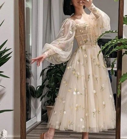 Square Neck A-Line Tulle Long Sleeves Tea Length Prom Dress