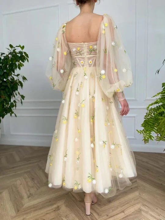 Square Neck A-Line Tulle Long Sleeves Tea Length Prom Dress