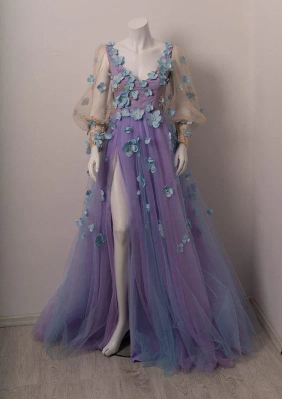 A-Line Tulle Long Sleeves Prom Dress With Applique