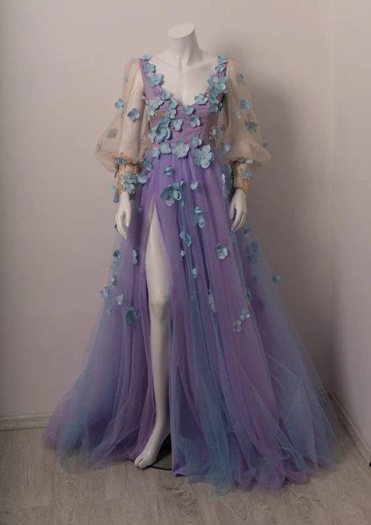 A-Line Tulle Long Sleeves Prom Dress With Applique