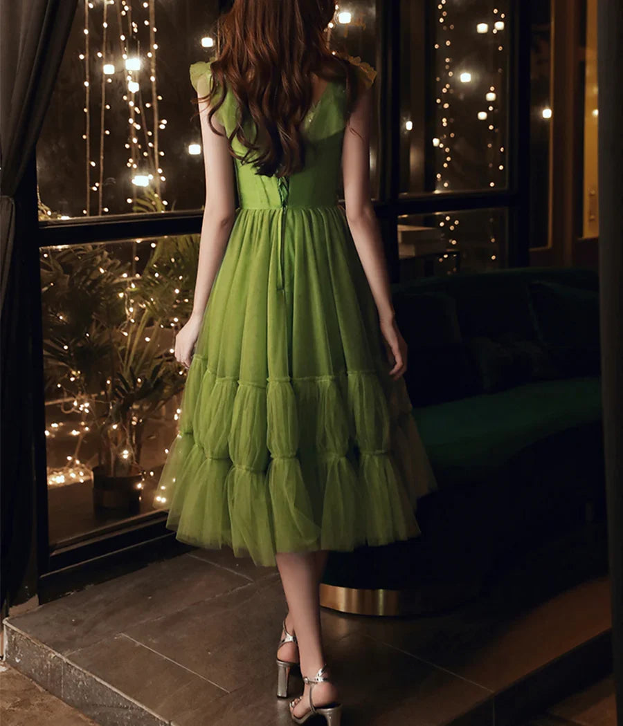 A-line V Neck Tulle Short Prom Dress