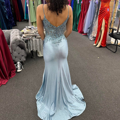 V Neck Mermaid Spaghetti Straps Floor Length Prom Dress With Appliques