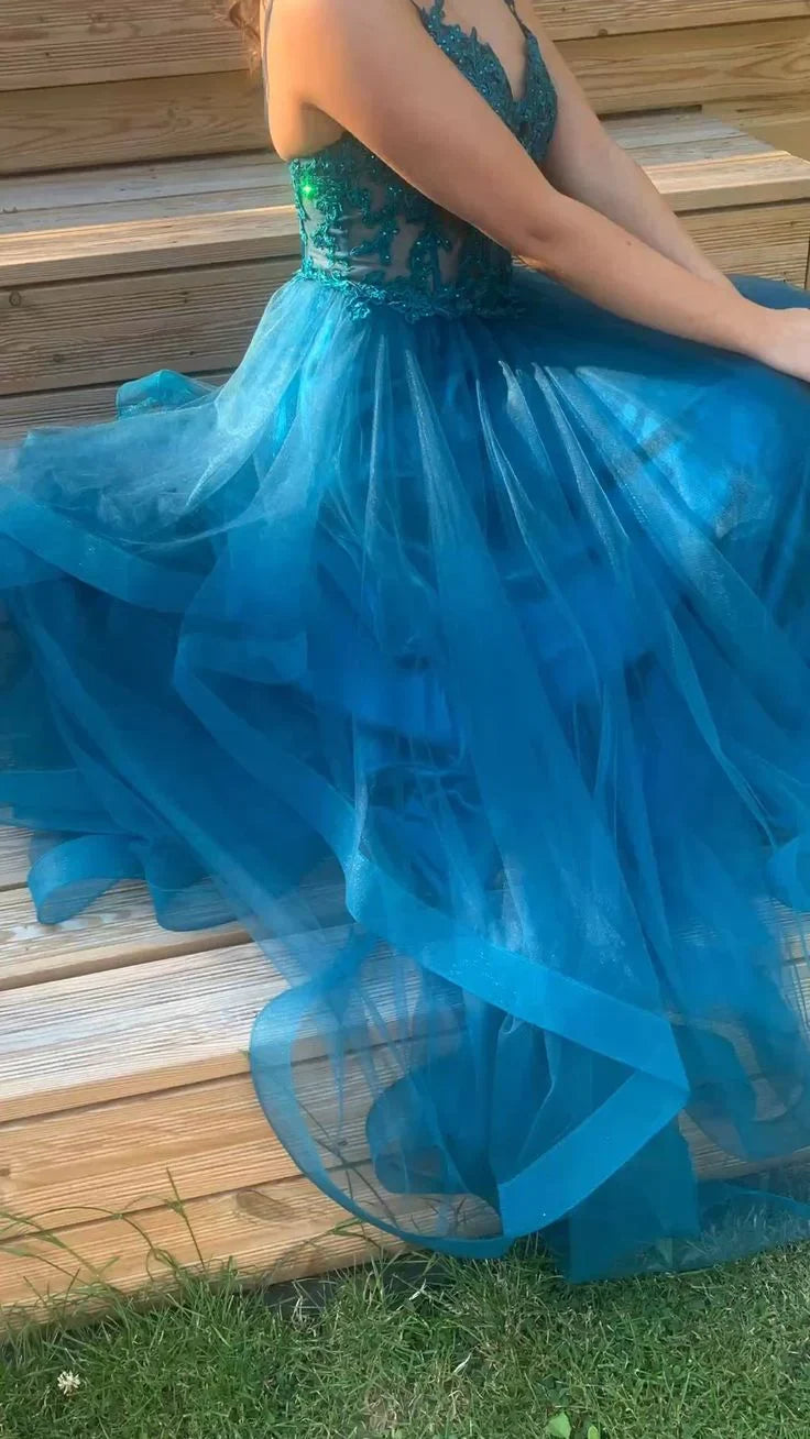 A-line Spaghetti Straps V Neck Tulle Lace Long Prom Dress