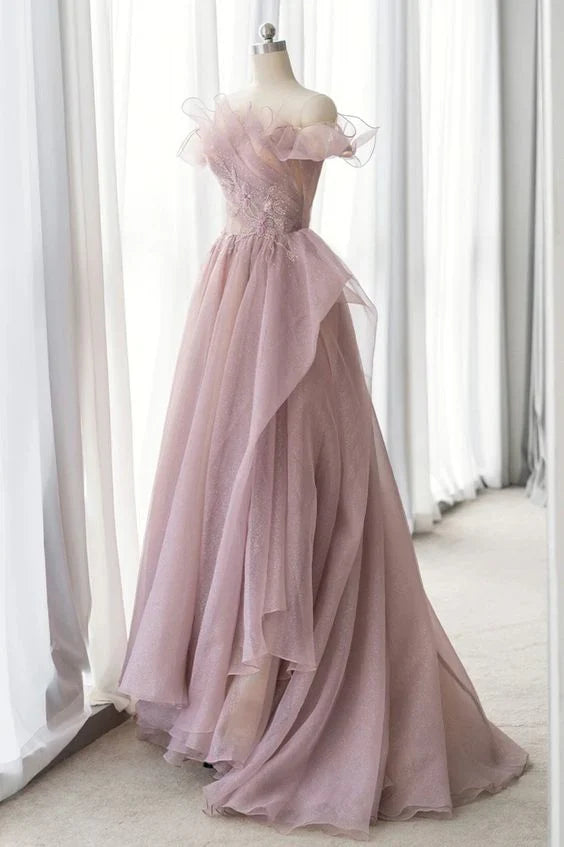 Off the Shoulder Tulle Long A-line Prom Dress