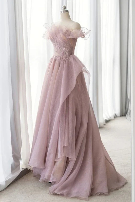 Off the Shoulder Tulle Long A-line Prom Dress