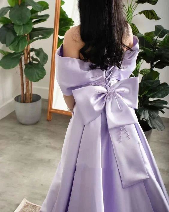 Off-The-Shoulder Bow Satin Pearls Formal Prom Gowns