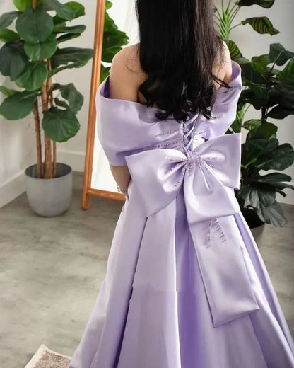 Off-The-Shoulder Bow Satin Pearls Formal Prom Gowns