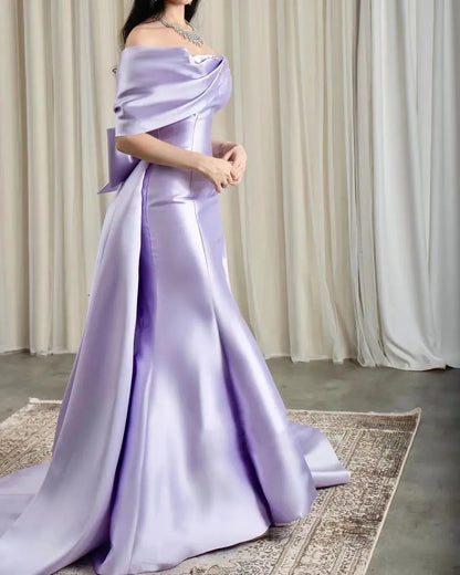 Off-The-Shoulder Bow Satin Pearls Formal Prom Gowns