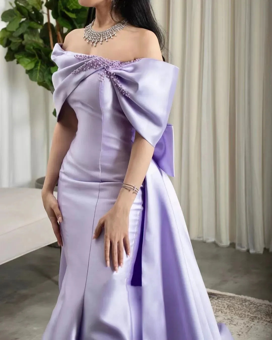 Off-The-Shoulder Bow Satin Pearls Formal Prom Gowns