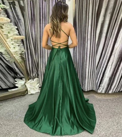 A-line Long Side Slit Spaghetti Strap Sexy Satin Prom Dress