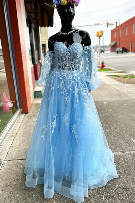 A-Line Floral Lace Sweetheart Prom Gown with Sleeves