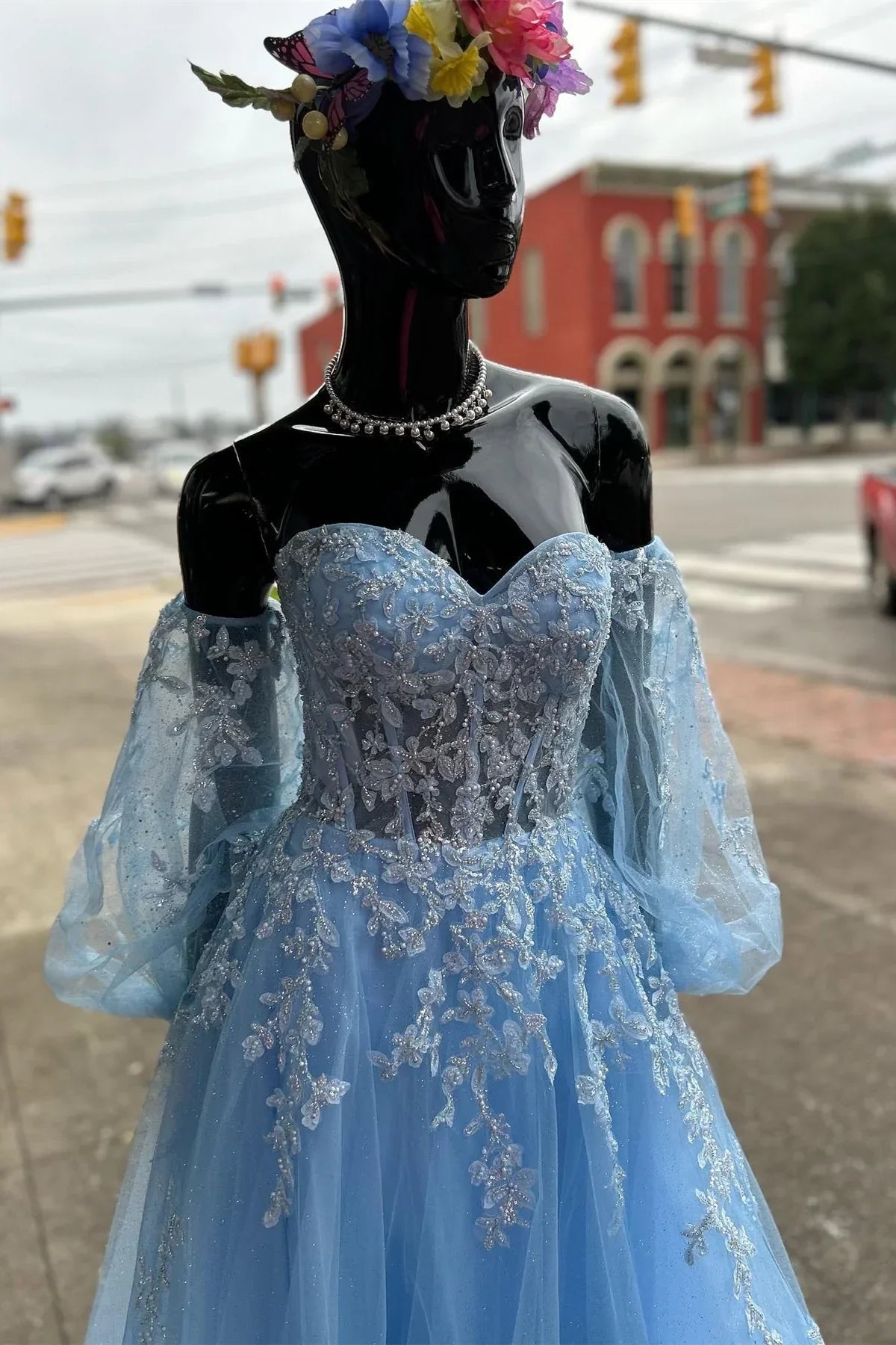 A-Line Floral Lace Sweetheart Prom Gown with Sleeves