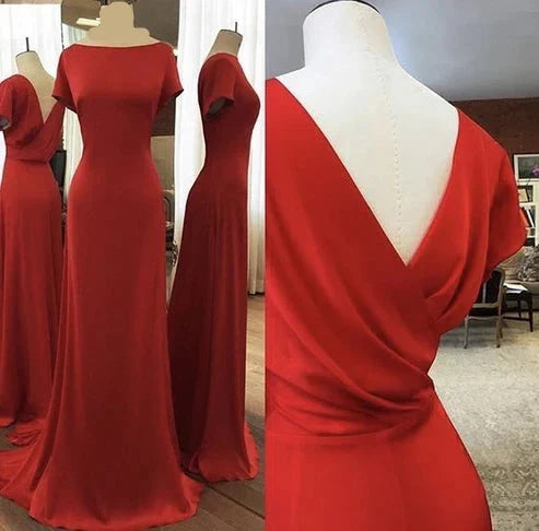 A-line Round Neck Short Sleeved With Exposed Back Prom Dress