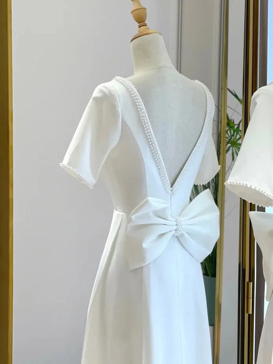 Satin Short Sleeve Short Wedding Dress