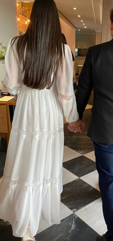 A-line Fairy-Tale Deep Neck Long Sleeves Prom Dress