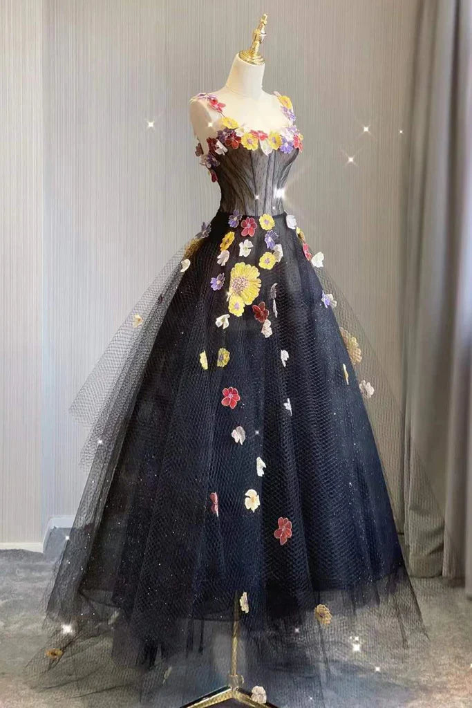 A Line Tulle Prom Dress With Flowers Puffy Dresses