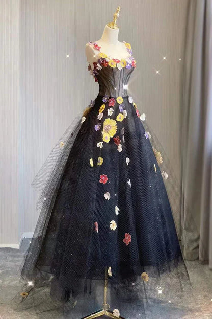 A Line Tulle Prom Dress With Flowers Puffy Dresses