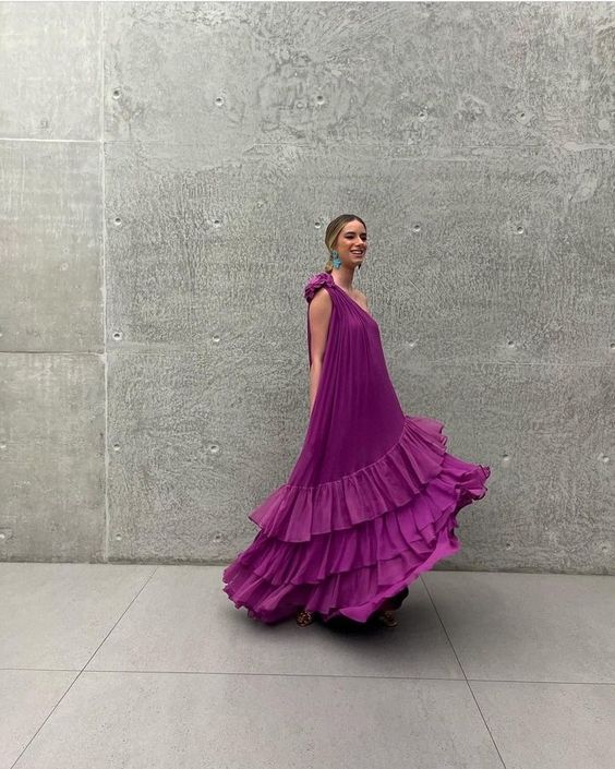 One-Shoulder Chiffon Ruffles Long Prom Dress