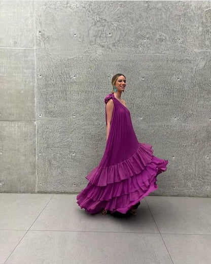 One-Shoulder Chiffon Ruffles Long Prom Dress
