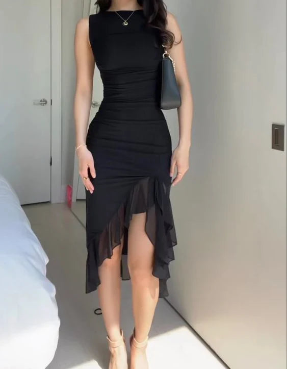 A-line Sleeveless Low Neck Pleated Front Slit Prom Dress