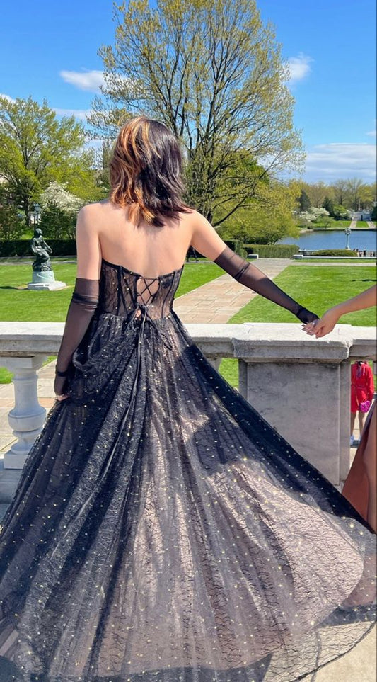 A-line Strapless Sparkly Tulle Prom Dress