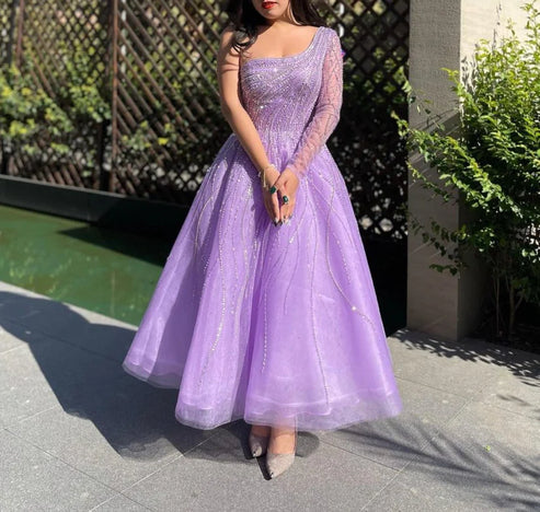 One Shoulder Beading Evening Prom Dress