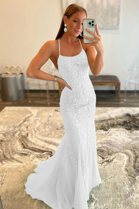A-line Spaghetti Straps Halter Backless Prom Dress
