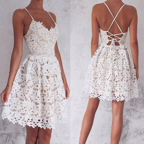 A-Line Spaghetti Straps Lace-Up Ivory Lace Prom Dress