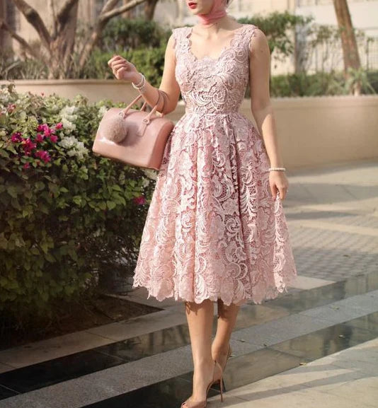 A-Line Lace Tea Length Sleeveless Prom Dress