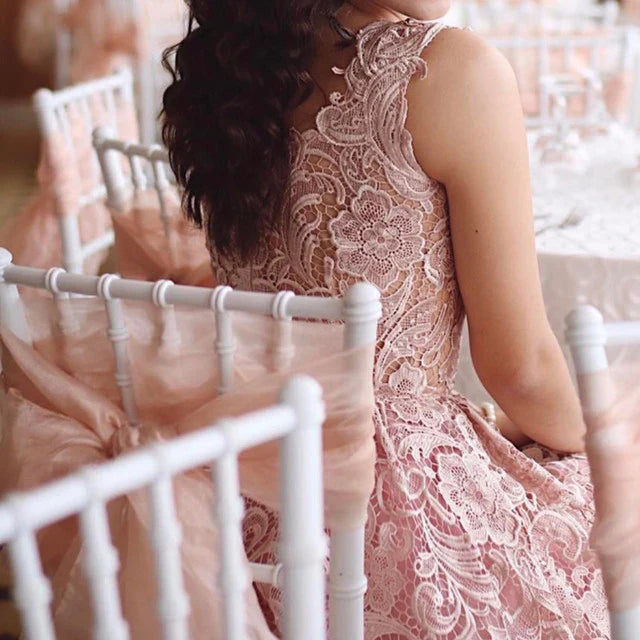 A-Line Lace Tea Length Sleeveless Prom Dress